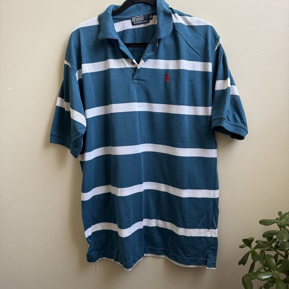 Vtg Polo Ralph Lauren Polo Shirt Mens XL  Blue/Green & White Striped Preppy